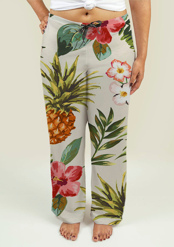 Ladies Pajama Pants with Tropical flowers with pineapple