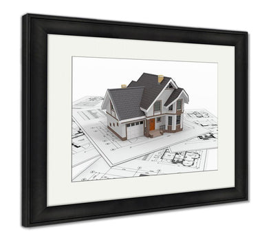 Framed Print, Residential House On Architect Blueprints Housing Project
